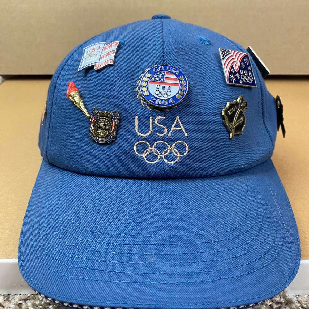 VTG Y2K K-Products USA made Olympic Pins Hat Men OS Blue Cotton Embroidered USA